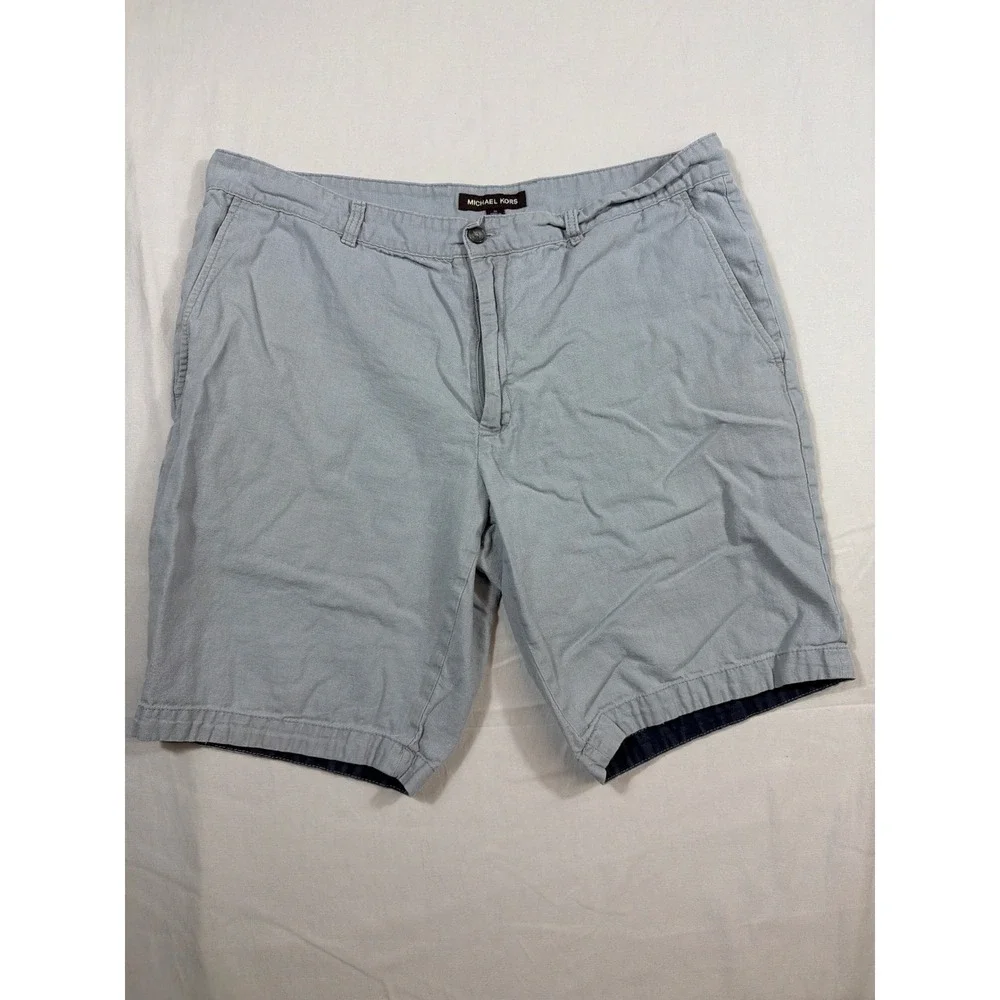 Michael Kors Mens Light Blue Grey Linen Blend Flat Front Shorts Size 36 MK Logo
